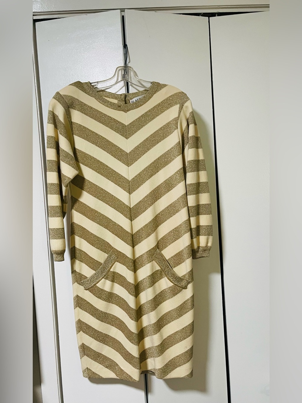 Vintage bill blass Striped Beige and Gold Sweater Dress with POCKETS Sz S